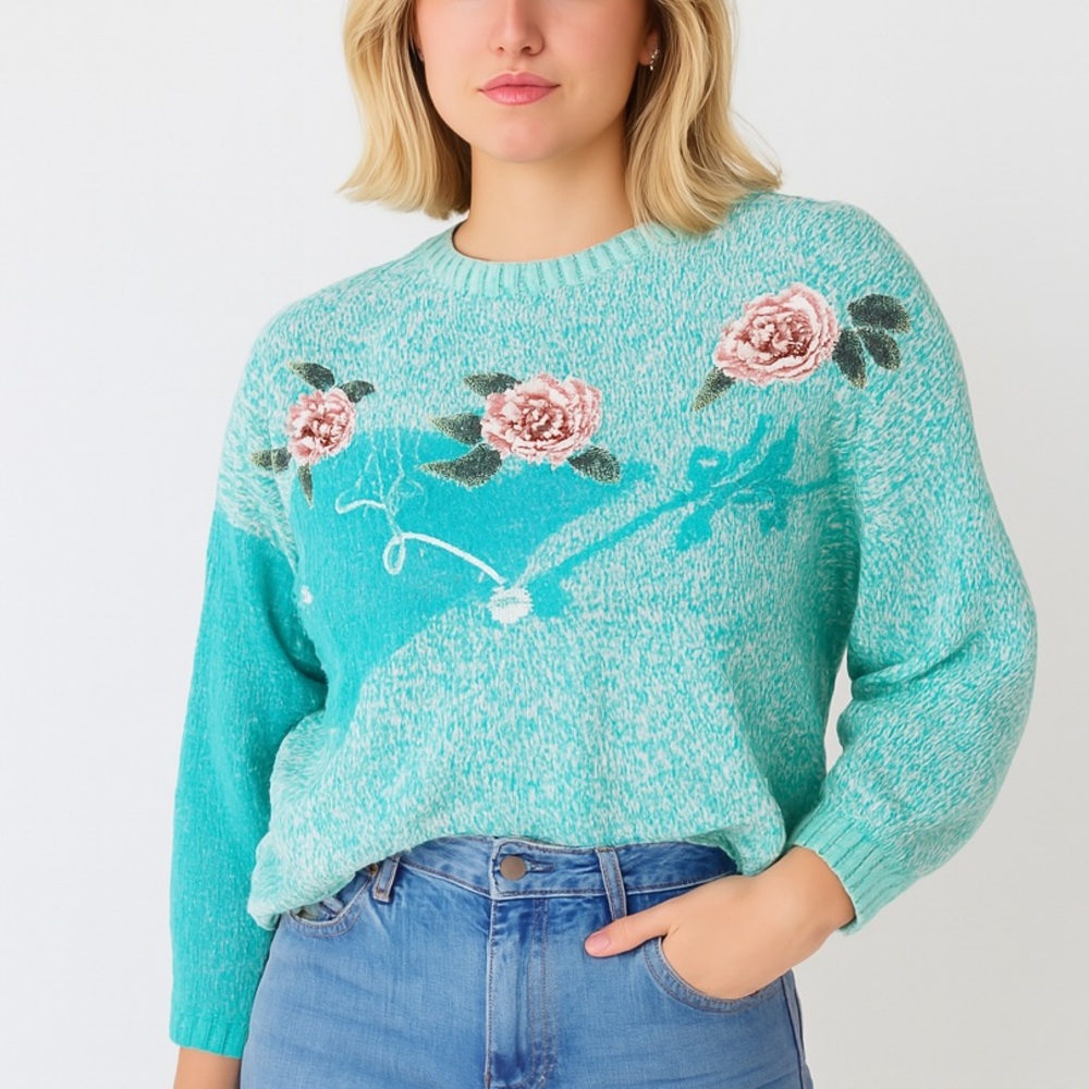Vintage 90s Floral Beaded Knit Sweater Color block Long Sleeve  Large